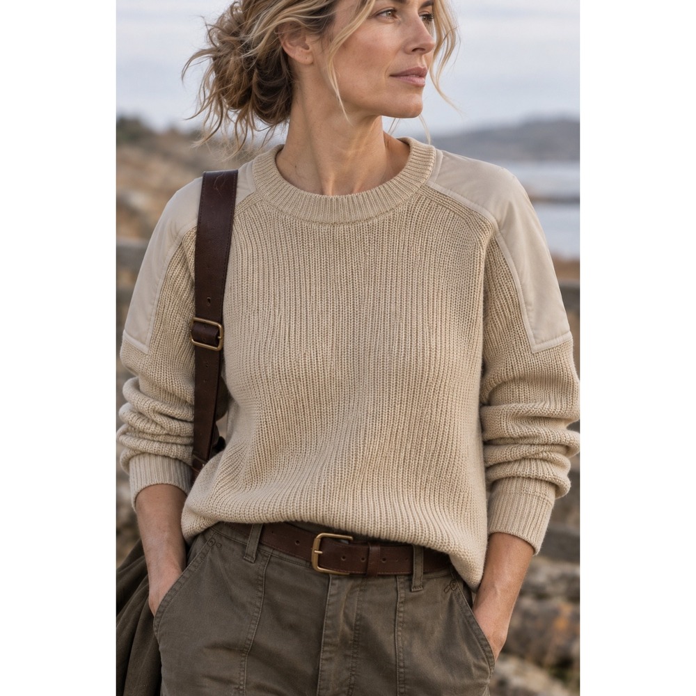 Banana Republic Washable Merino Wool Blend Ribbed Shoulder Patch Sweater Tan M